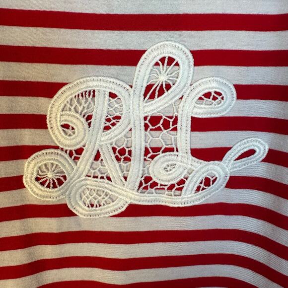 Lauren Ralph Lauren T-shirt red white stripes lace embroidered initials plus Sz - Picture 2 of 10